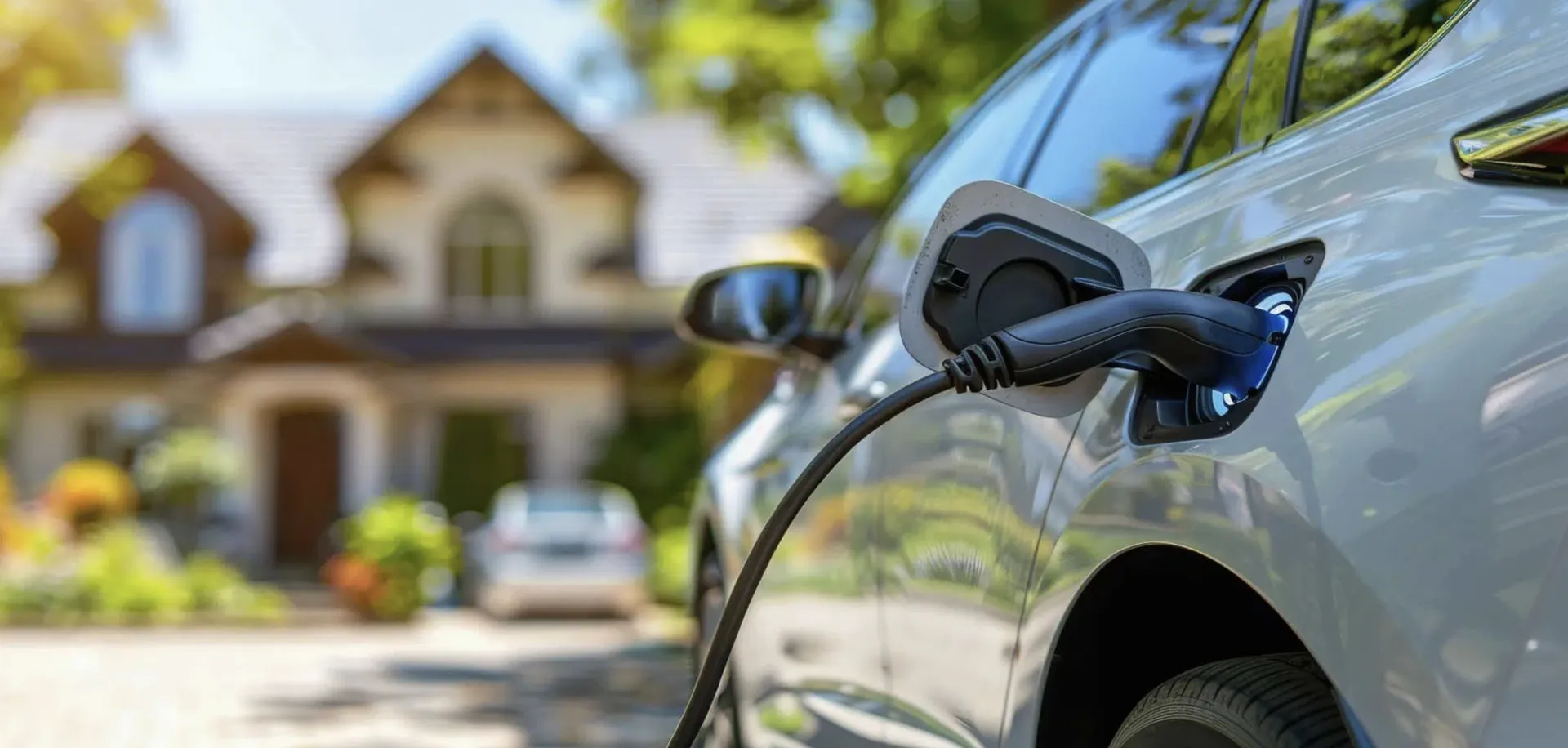 Electric car charging on the driveway of a family home