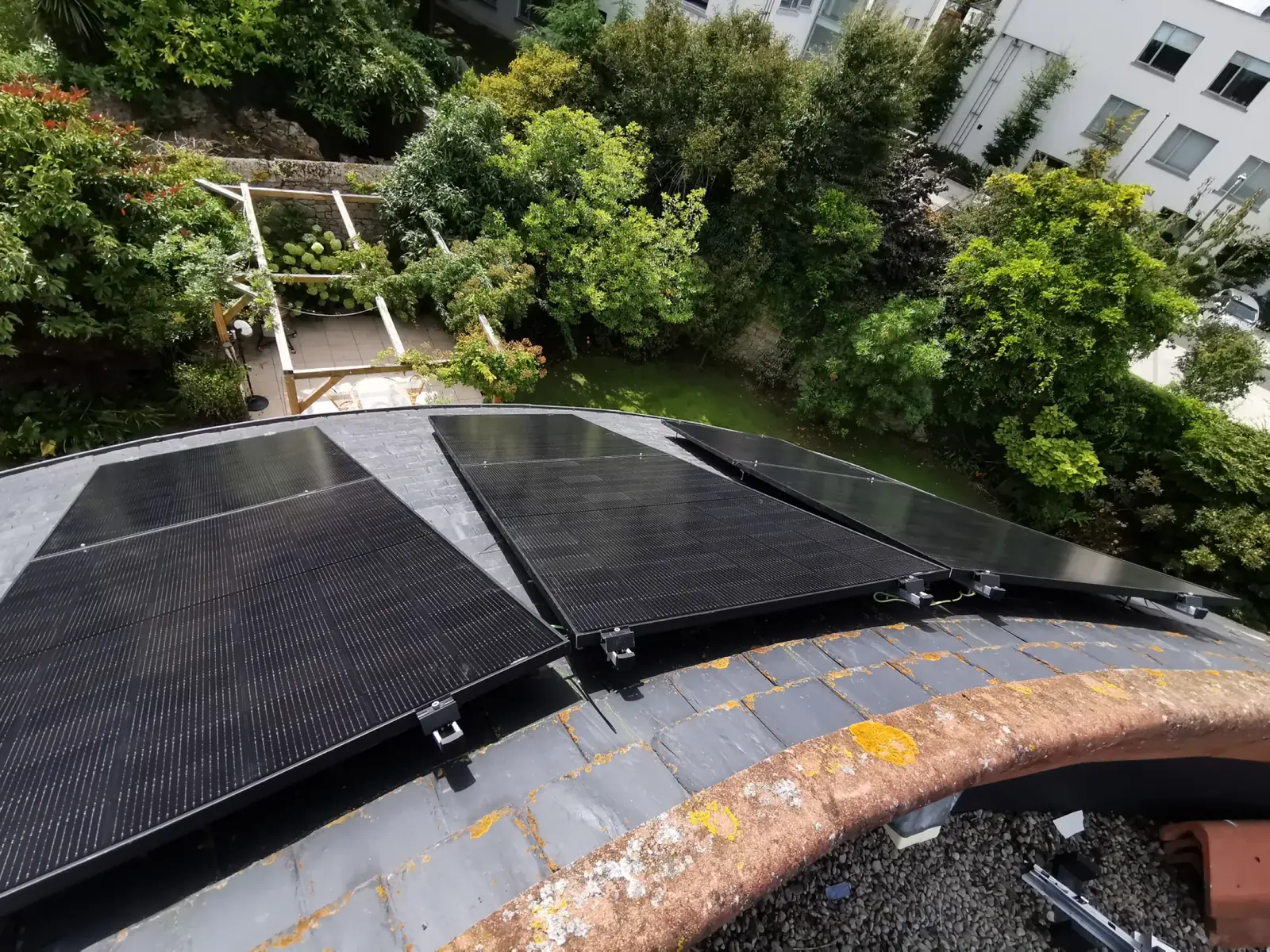 The finished array seen from the roof, with the garden below