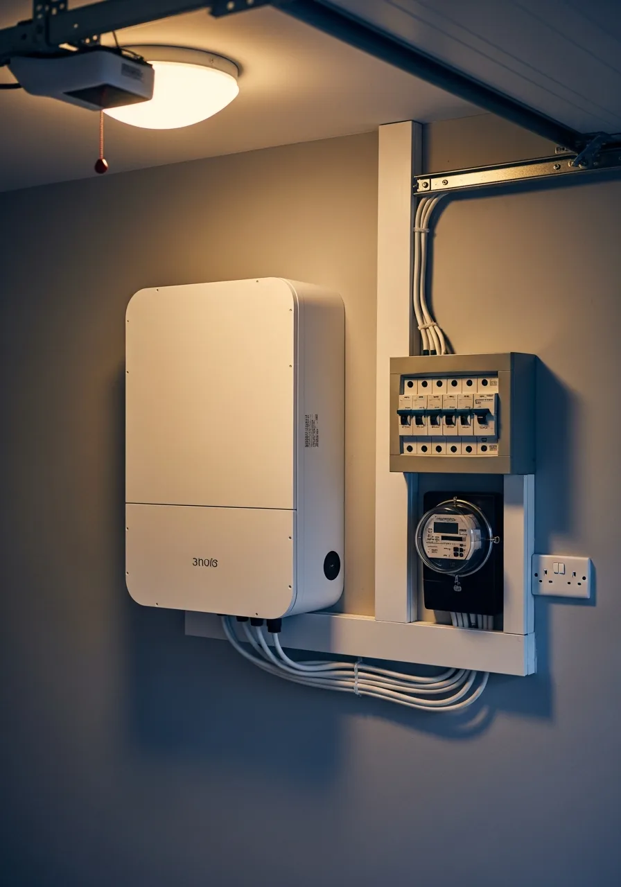 Wall-mounted home battery and inverter wired into the consumer unit